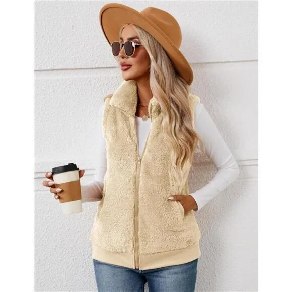 New Womens Fuzzy Fleece Vest, Casual Warm Sleeveless Zip Up Sherpa Vest - Picture 2 of 6